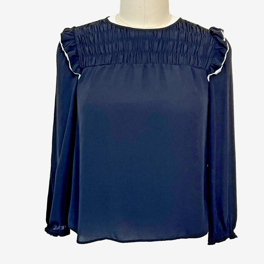 LOFT - Black with White Trim Long Sleeve Cottage Core Gathered Ruffled Blouse